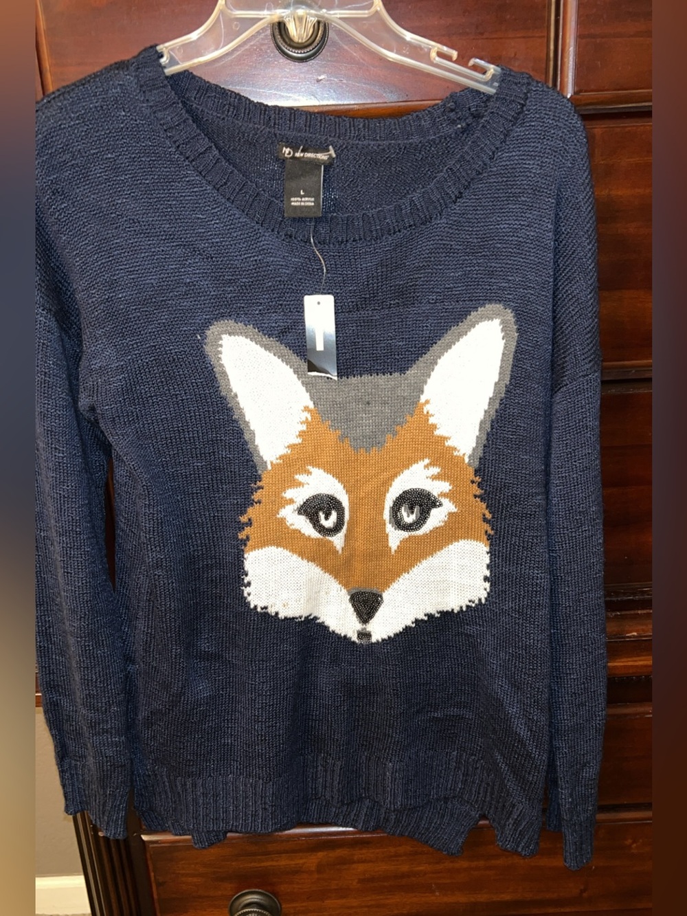 new directions Navy Fox Intarsia Crewneck Sweater